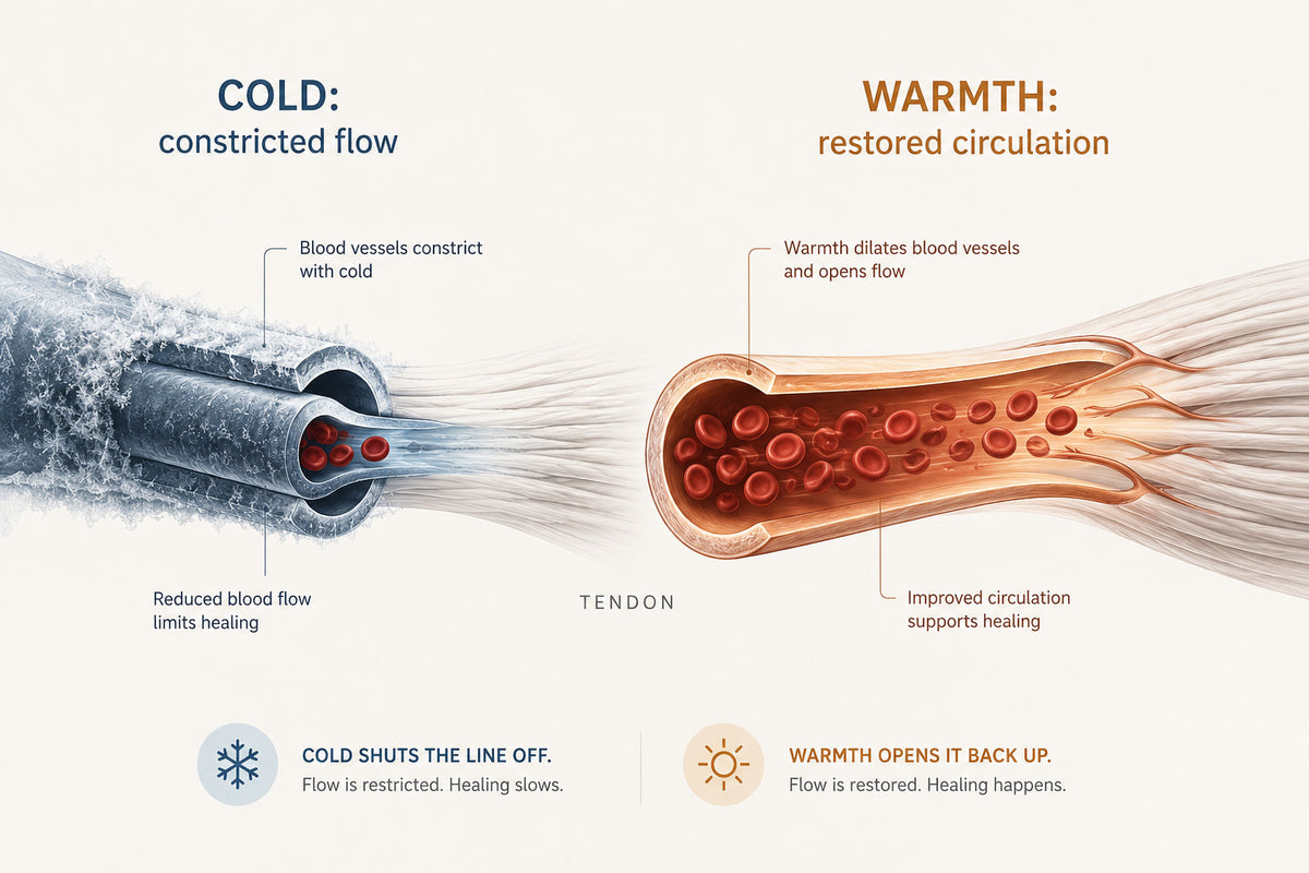 Think of a frozen pipe: cold shuts the line off, warmth opens it back up.